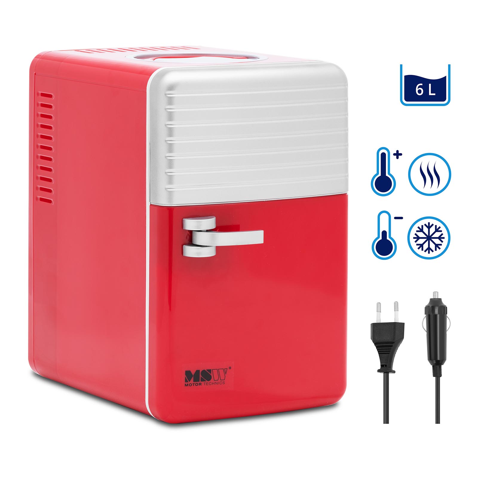 Mini hladnjak 12 V / 230 V - 2-u-1 uređaj s funkcijom održavanja topline - 6 L - Crvena/srebrna